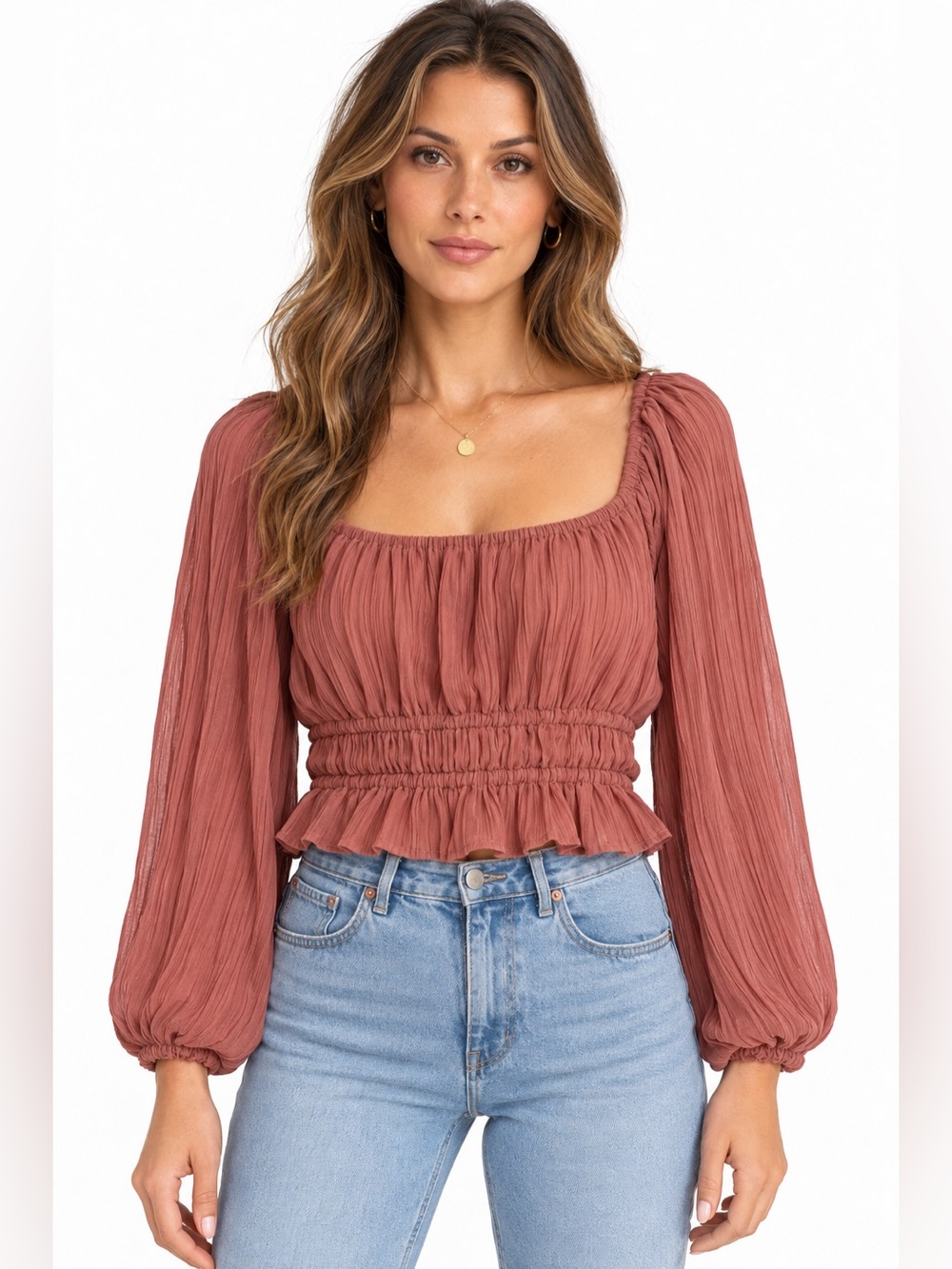 ASTR The Label Pink Pleated Smocked Balloon Sleeve Crop Peasant Top Size Medium
